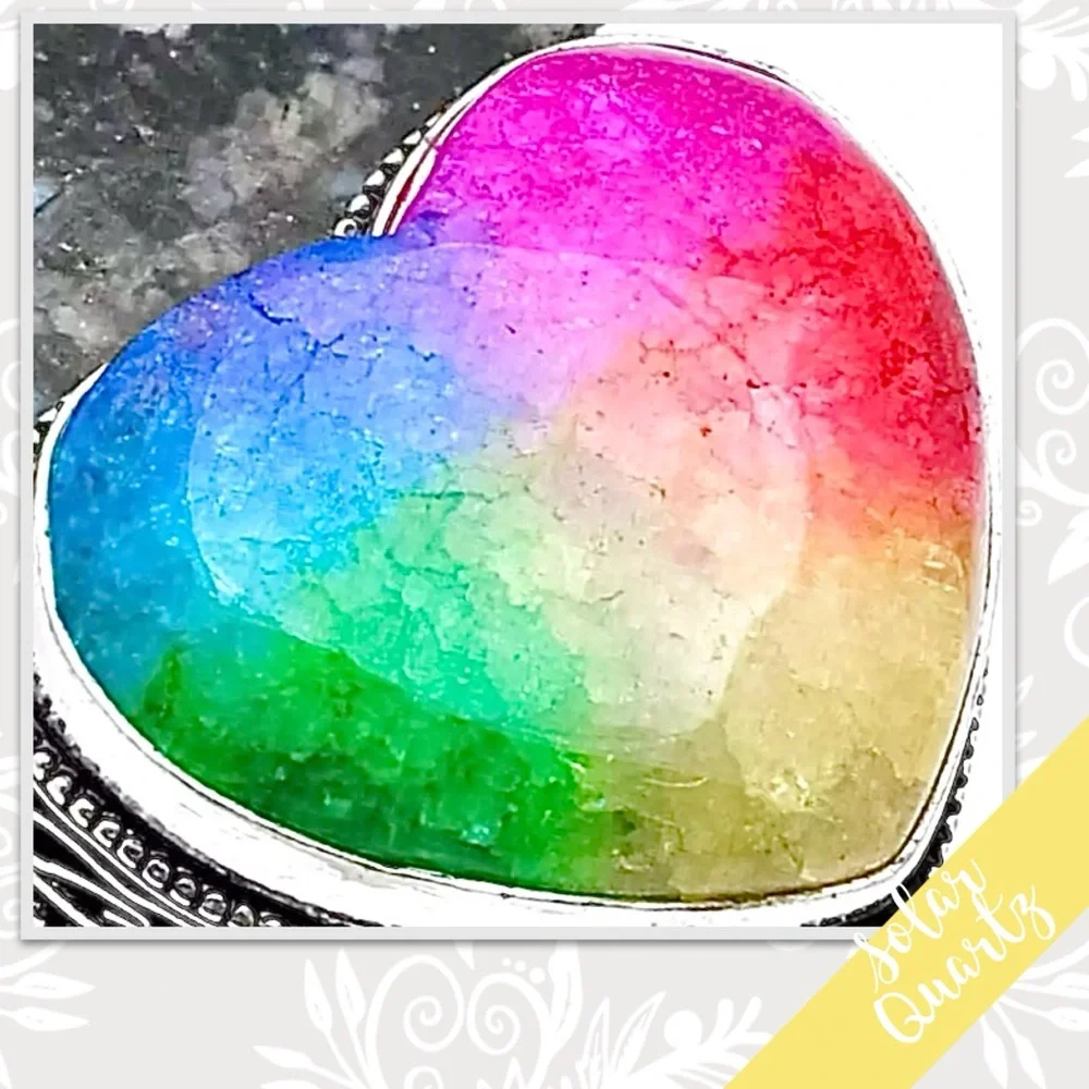 Rainbow Solar Quartz Silver Artisan Heart Ring, Sz 8 Blue Green Yellow Red Pink - Picture 2 of 2